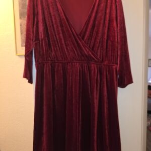 Divided Velvet Long Sleeve Dress in Deep Red